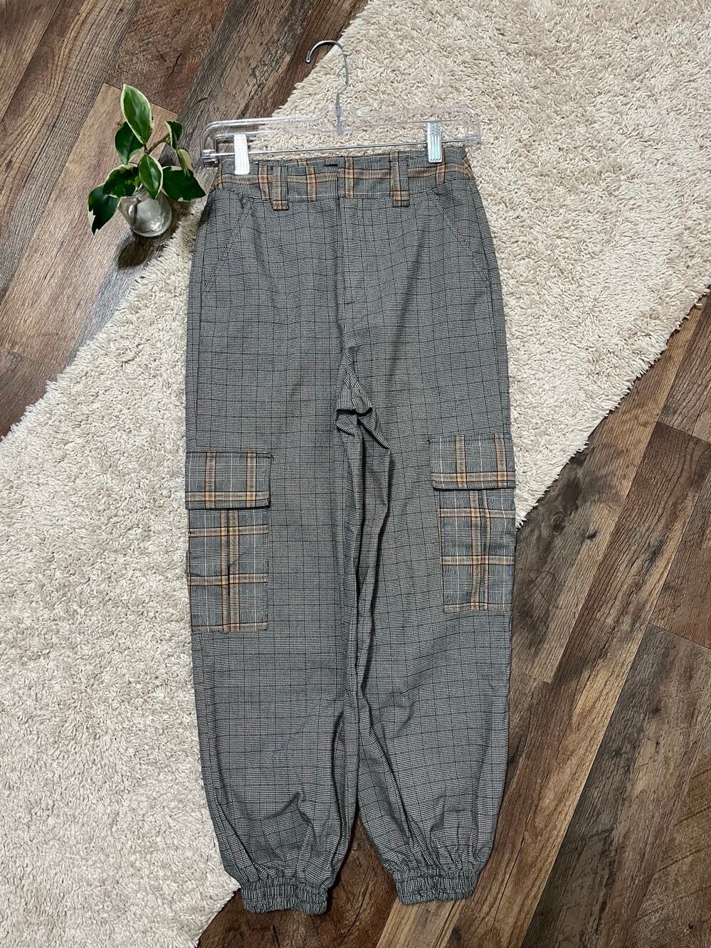 Urban Outfitters XS Black White Orange Plaid High Waisted Cargo Jogger Pants